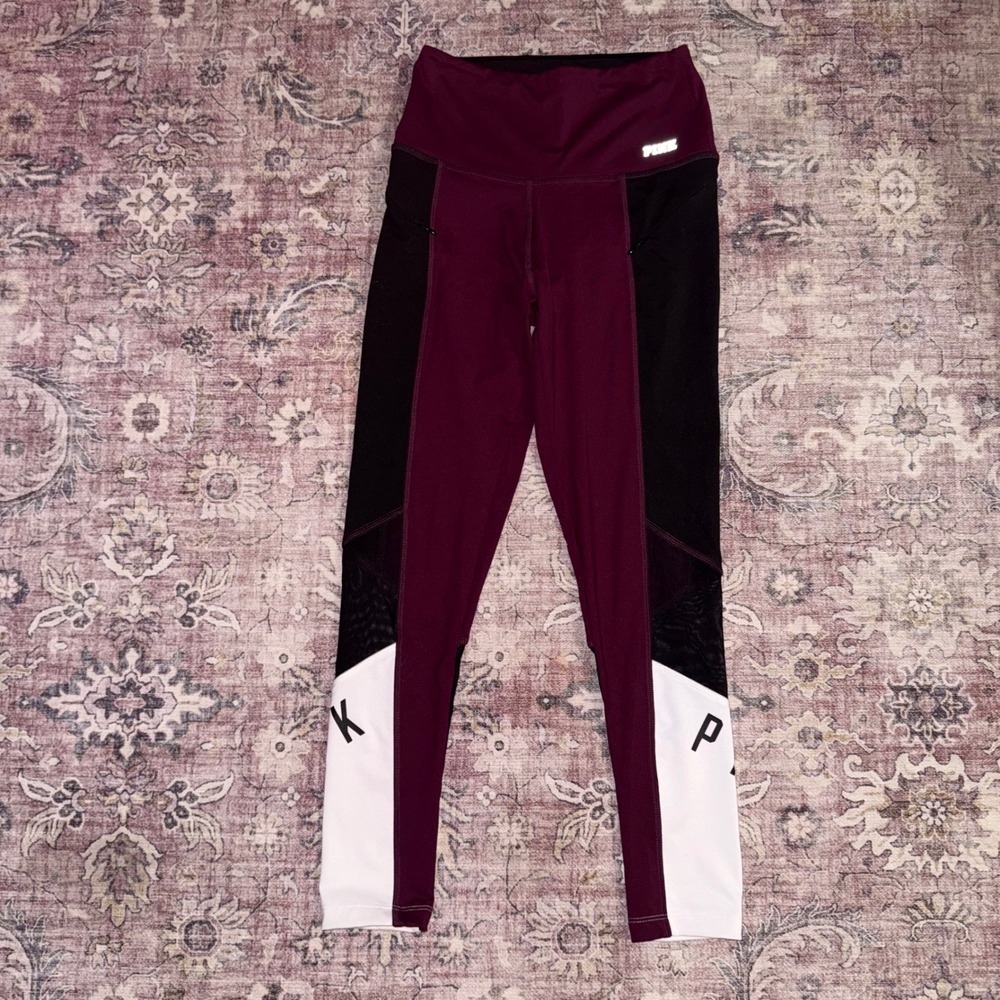 Victoria's Secret PINK Ultimate Leggings XS Burgundy Black White Colorblock Mesh